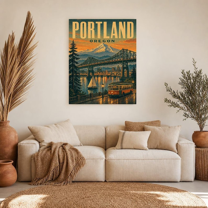 Portland Travel Poster | Vintage Mt Hood Bridge Print | Oregon Wall Art Print | Mid Century City Decor image 6