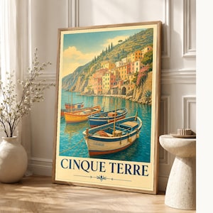 Cinque Terre Wall Art Print | Italian Fishing Boats Poster | Riviera Cove Travel Print | Vintage Dolce Vita Decor | Mediterranean Sea Art image 1