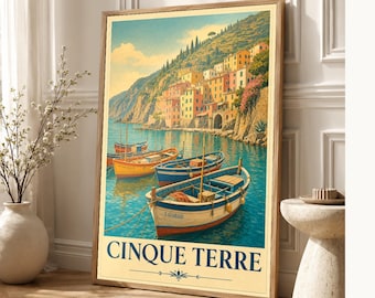 Arte de parede de Cinque Terre | Barcos de pesca italianos pôster | Impressão de viagem da angra de Riviera de <br> Entrega Rápida? Decoraçã