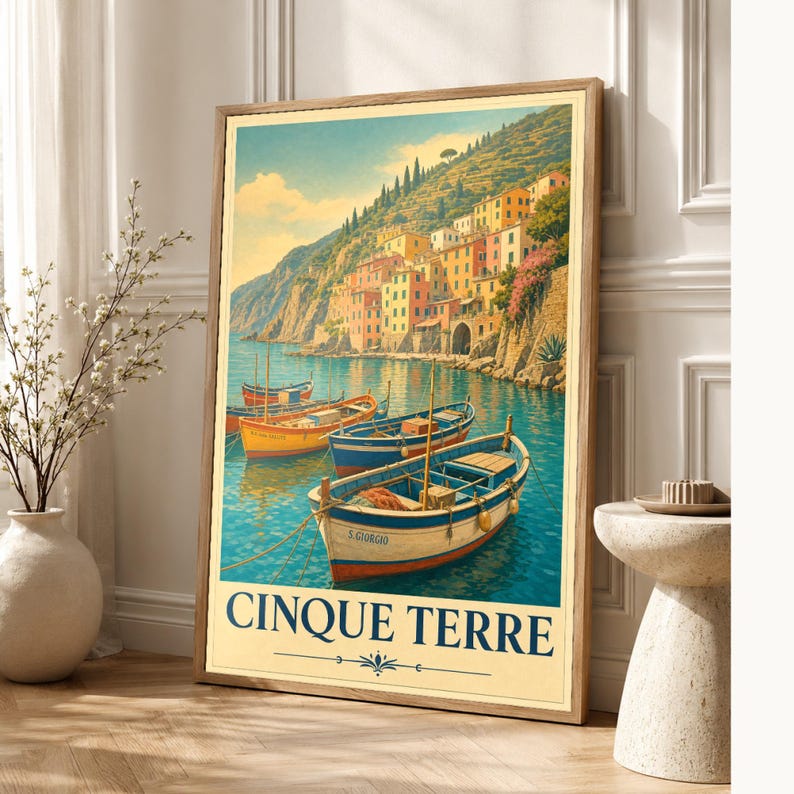 Cinque Terre Wall Art Print | Italian Fishing Boats Poster | Riviera Cove Travel Print | Vintage Dolce Vita Decor | Mediterranean Sea Art image 1