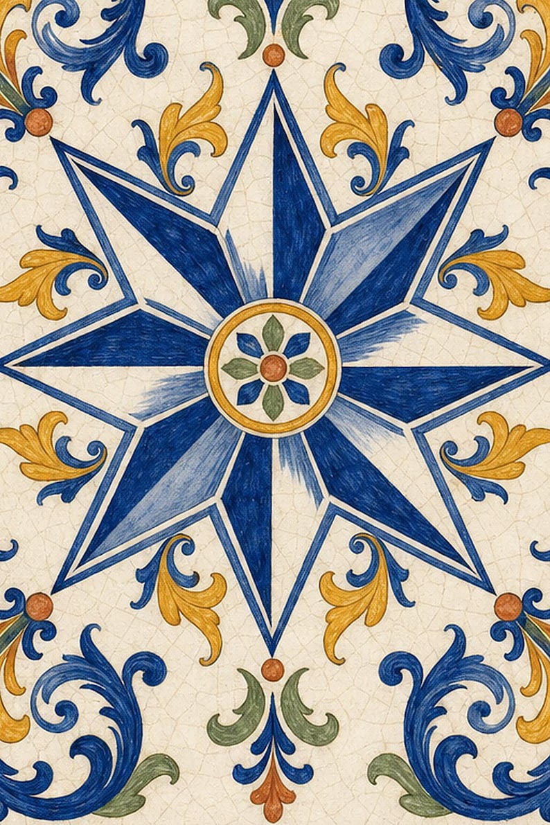 Seville Azulejo Tile Wall Art | Full Color Spanish Maiolica Poster | 8-Pointed Star Print | Andalusia Travel Decor | Spain Kitchen Gift image 3