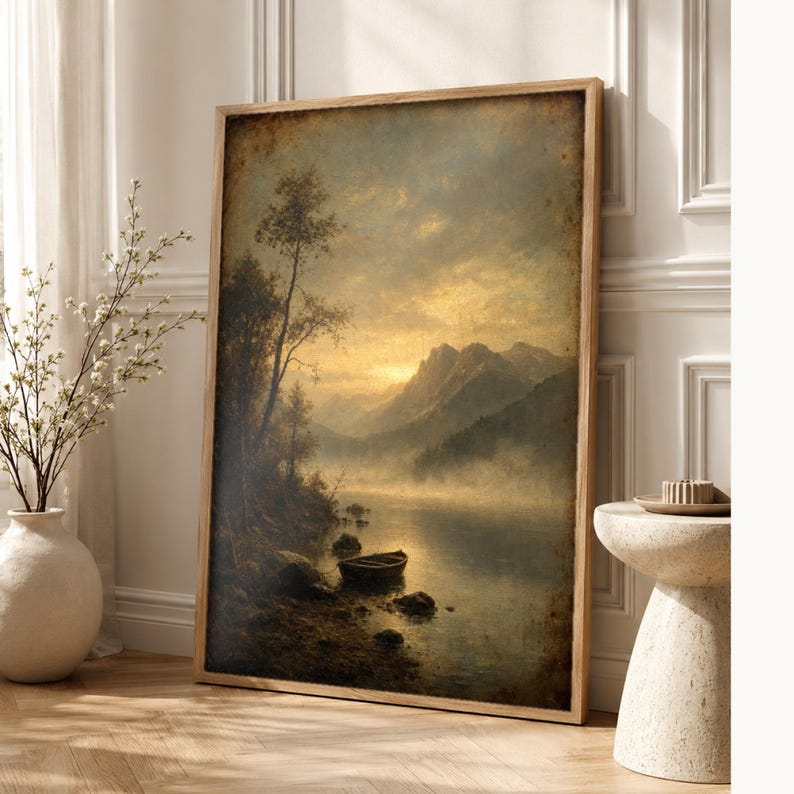 Moody Mountain Lake Rowboat Wall Art Print | Vintage Oil Painting Print | Misty Tonalist Landscape Decor | Ancient Dawn Poster image 1