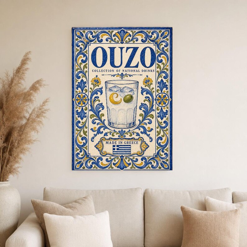 Ouzo cocktail tegel kunst aan de muur | Nationale drankposter van Griekenland | Azulejo Barwagen afdrukken | Maiolica keukendecor afbeelding 4