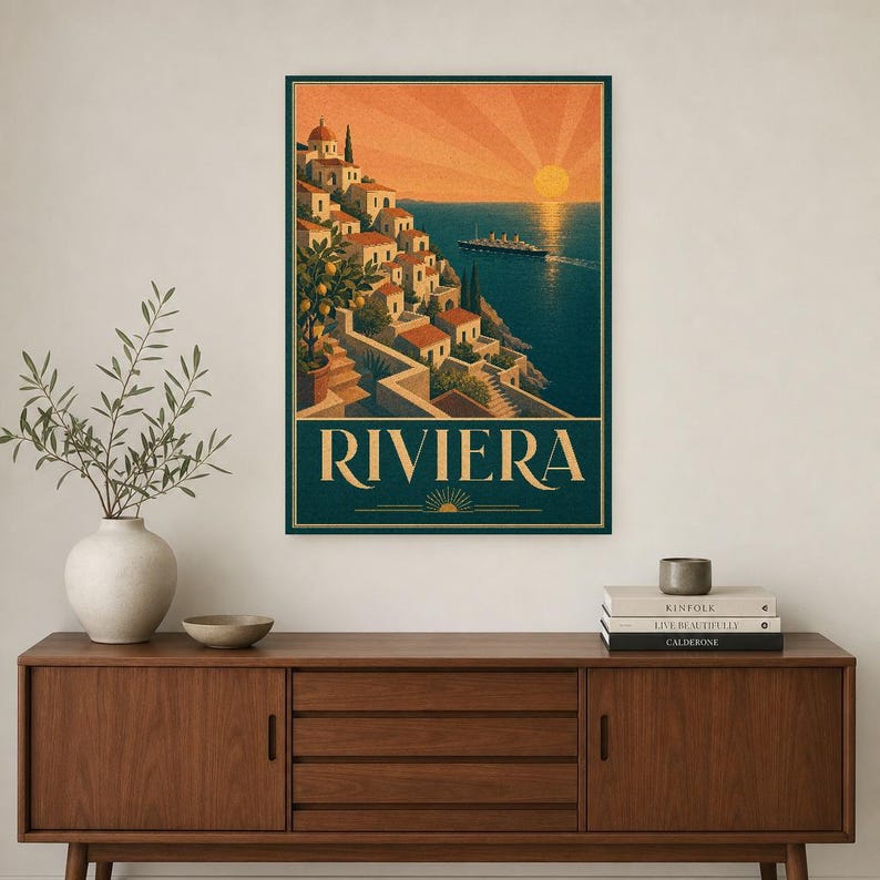 Teal Art Deco Travel Wall Art | Amalfi Riviera Poster | Coastal Gallery Print image 2