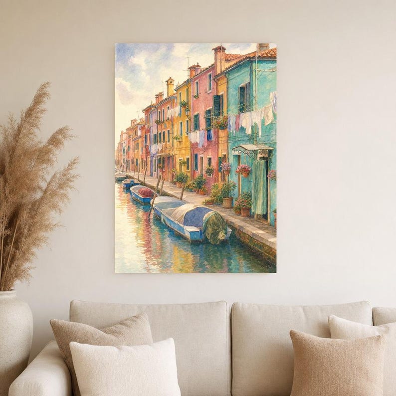 Burano Travel Poster | Soft Painting Italy Wall Art | Colorful Venice Canal Houses Print | Printed & Shipped image 4
