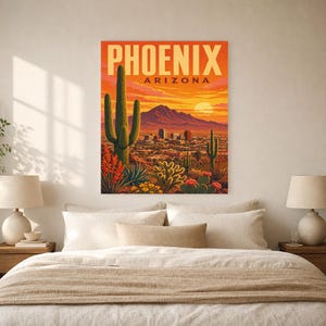 Póster de viaje de Phoenix | Lámina vintage de una puesta de sol en el desierto de Sonora | Lámina decorativa de Arizona | Decoración urbana de mediados de siglo imagen 7