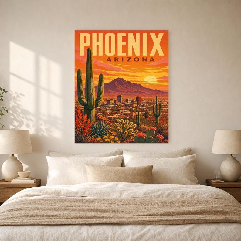 Póster de viaje de Phoenix | Lámina vintage de una puesta de sol en el desierto de Sonora | Lámina decorativa de Arizona | Decoración urbana de mediados de siglo imagen 7