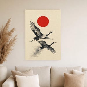 Impresión de grúa de sol rojo Arte de pared japonés | Dos grúas Sumi-e | Póster Dormitorio Wabi Sabi imagen 4