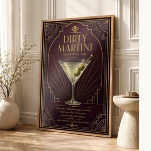Olive Green Art Deco Dirty Martini Recipe Wall Art Print | Gold Cocktail Recipe Poster | Bar Cart Decor Print | Kitchen Wall Art image 1