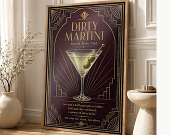Arte de pared con receta de Martini sucio Art Déco verde oliva | Póster de receta de cóctel dorado | Impresión de decoración de carrito de b