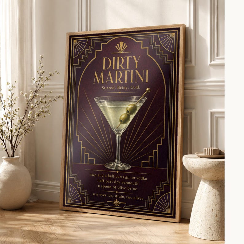 Olive Green Art Deco Dirty Martini Recipe Wall Art Print | Gold Cocktail Recipe Poster | Bar Cart Decor Print | Kitchen Wall Art image 1