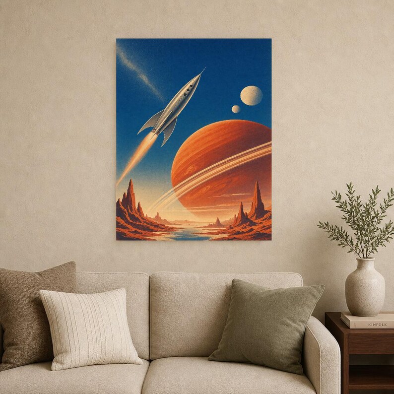 Retro Space Travel Poster | Vintage Sci-Fi Wall Art Print | Crimson Planet Rocket Art | 70s Cosmic Travel Wall Decor image 9