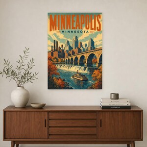 Minneapolis Travel Poster | Vintage Stone Arch Bridge Print | Minnesota Wall Art Print | Mid Century City Decor image 2
