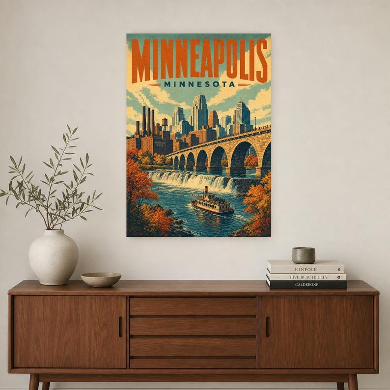 Minneapolis Travel Poster | Vintage Stone Arch Bridge Print | Minnesota Wall Art Print | Mid Century City Decor image 2