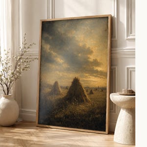 Moody Harvest Field Haystacks Wall Art Print | Vintage Oil Painting Print | Faded Golden Light Tonalist Decor | Antique Farm Poster image 1