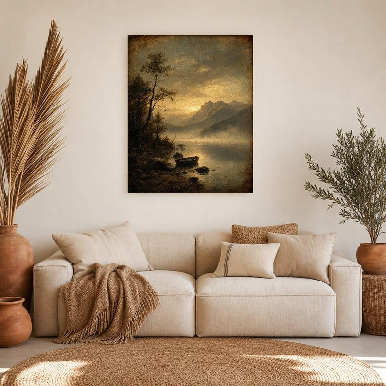 Moody Mountain Lake Rowboat Wall Art Print | Vintage Oil Painting Print | Misty Tonalist Landscape Decor | Ancient Dawn Poster image 7