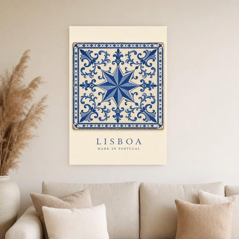 Lisbon Azulejo Tile Wall Art | Cobalt Blue Portuguese Maiolica Poster | Lisbon Travel Print | Mediterranean Kitchen Decor | Portugal Gift image 4