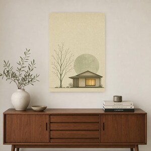 Sage Green Japandi Wall Art Print | Serenity House and Moon | Wabi Sabi Minimal Bedroom Poster image 2