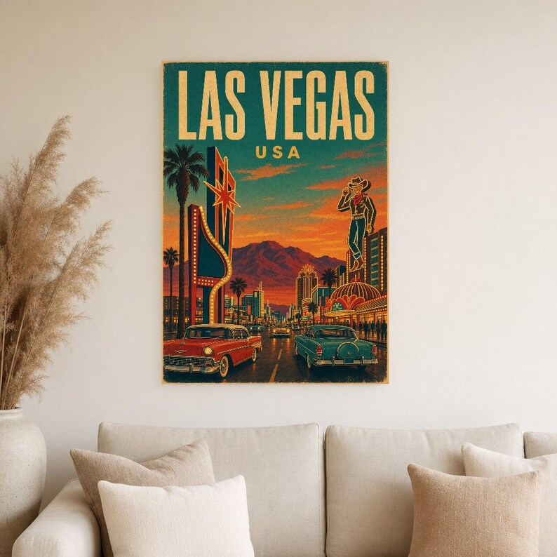 Las Vegas Travel Poster | Vintage 1950s Neon Strip Print | Retro Nevada Wall Art | Mid Century City Decor image 4