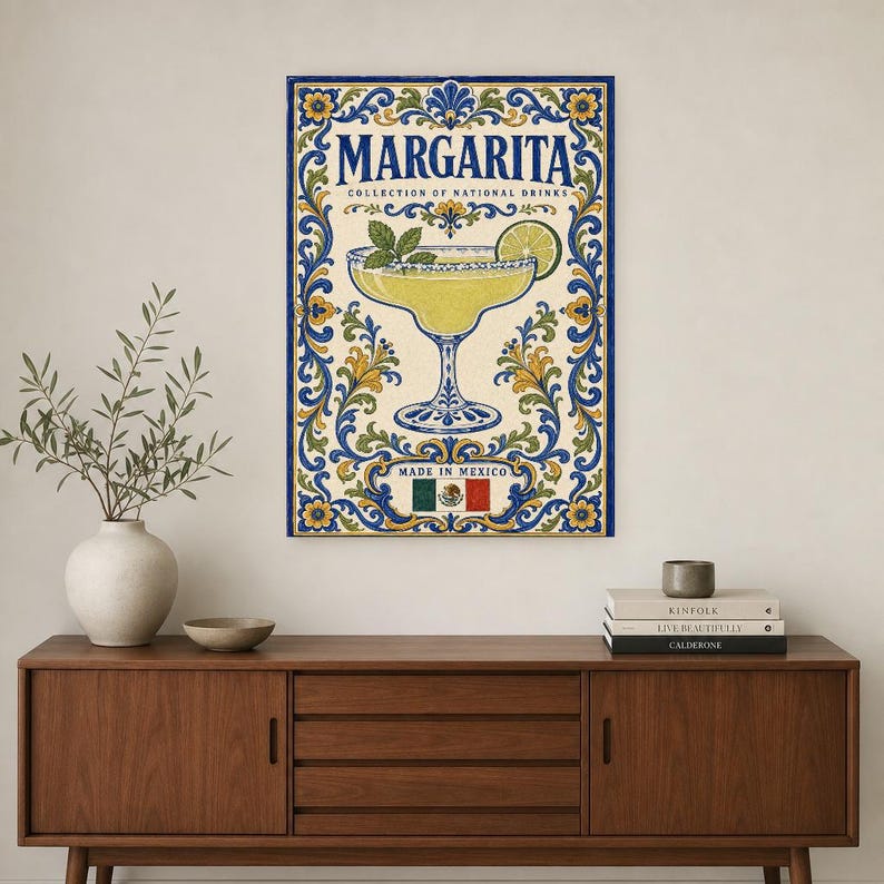 Margarita Cocktail Tile Wall Art Print | Mexico National Drink Poster | Azulejo Bar Cart Print | Maiolica Kitchen Decor image 2