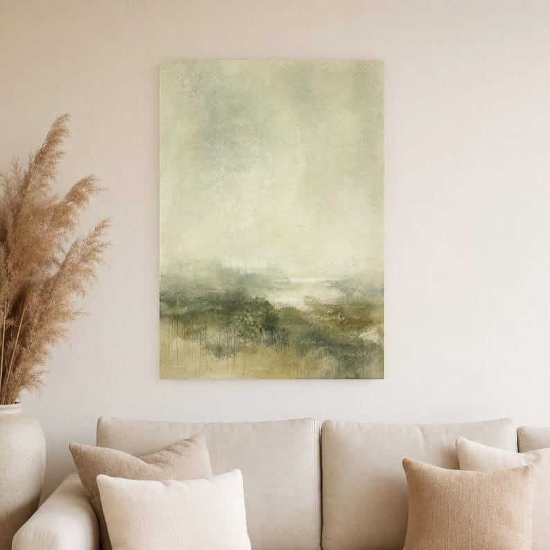 Moody Green Abstract Wall Art Print | Panoramic Color Field Print | Sage Watercolor Landscape Poster | Wabi-Sabi Living Room Decor image 4