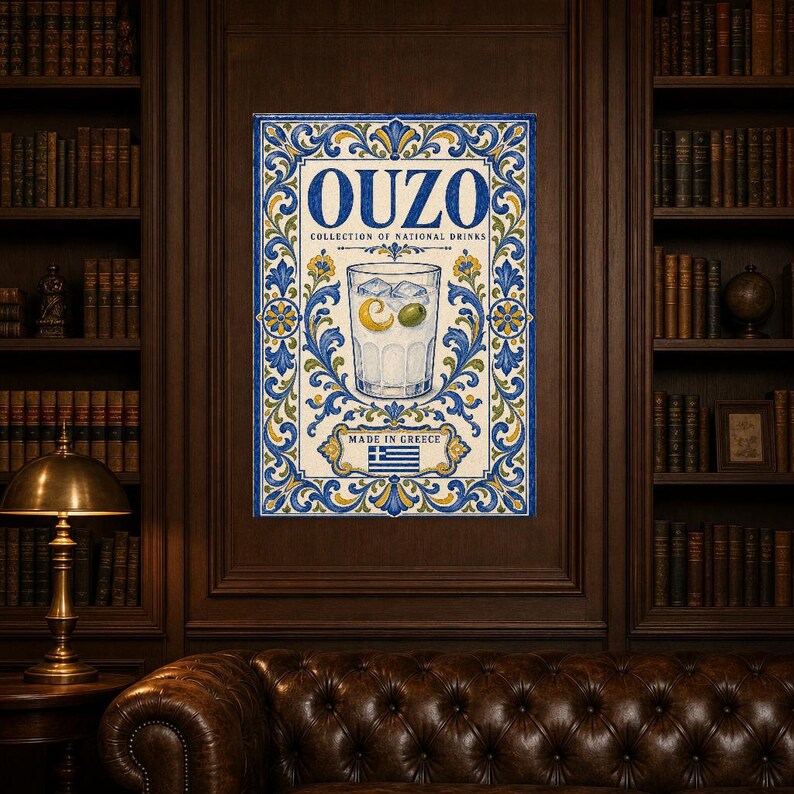 Ouzo cocktail tegel kunst aan de muur | Nationale drankposter van Griekenland | Azulejo Barwagen afdrukken | Maiolica keukendecor afbeelding 5