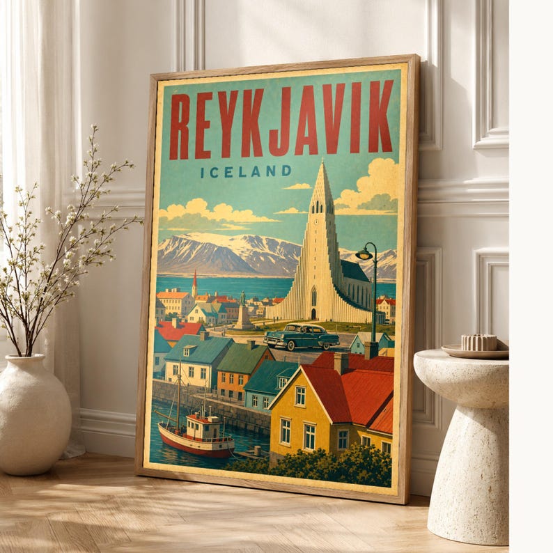 Plakat z podróży do Reykjaviku | Druk w stylu vintage z kościołem | Sztuka ścienna Islandii | Wydruk i wysyłka zdjęcie 1