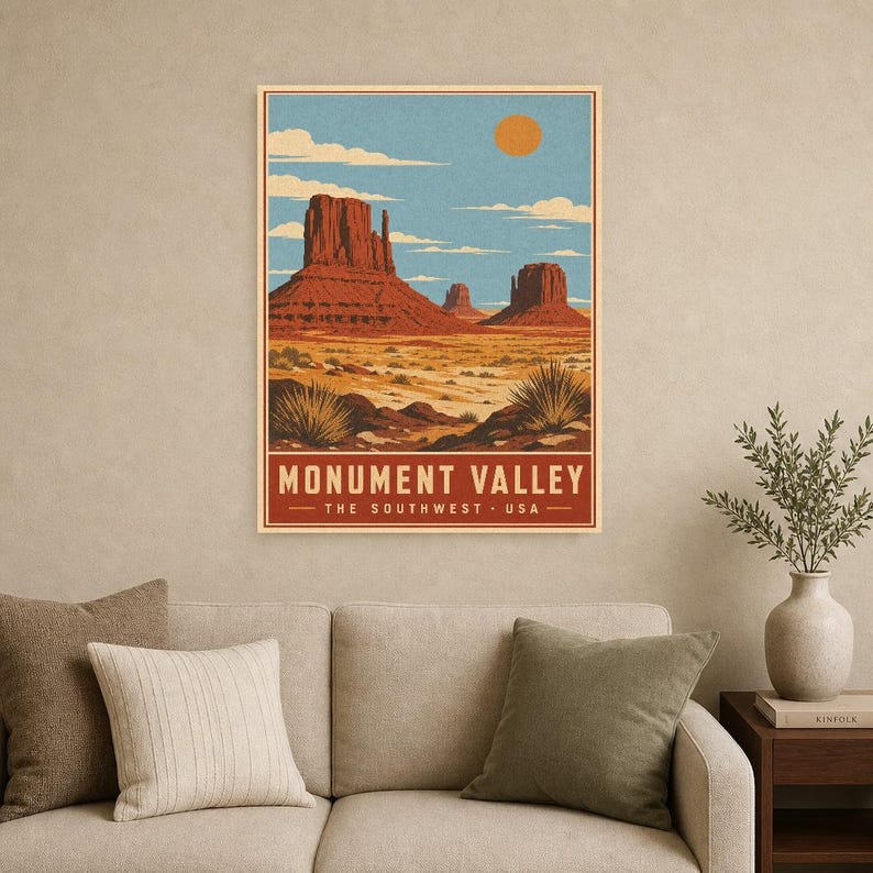 Monument Valley Reiseposter | Vintage Wüstenwandkunst | Südwesten der USA Druck | Dekor im Nationalpark-Stil | Rote Felskunst Bild 9