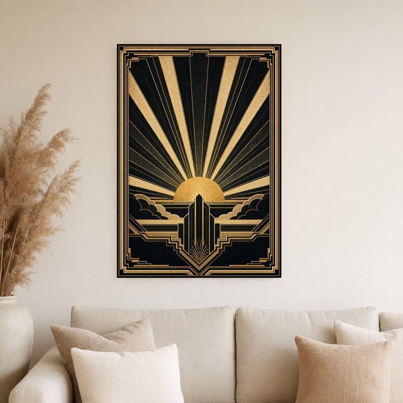 Impresión artística de pared Art Déco Sunburst | Póster geométrico negro dorado | Decoración de pared estilo Neo Deco Gatsby | Elegante esta imagen 4