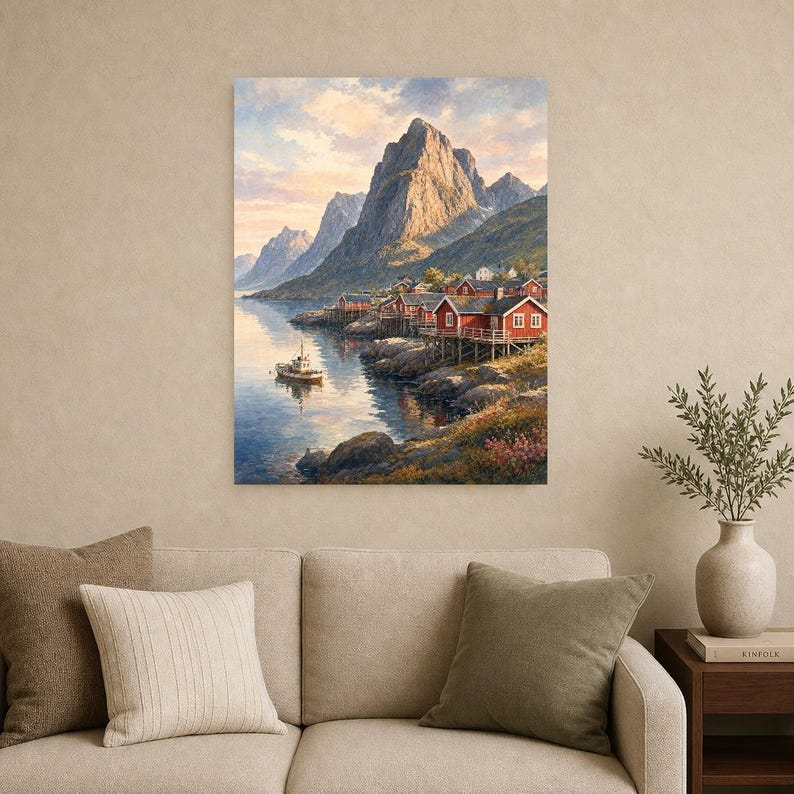 Lofoten Travel Poster | Soft Painting Norway Wall Art | Queen Fjord Fishing Village Print | Printed & Shipped image 9