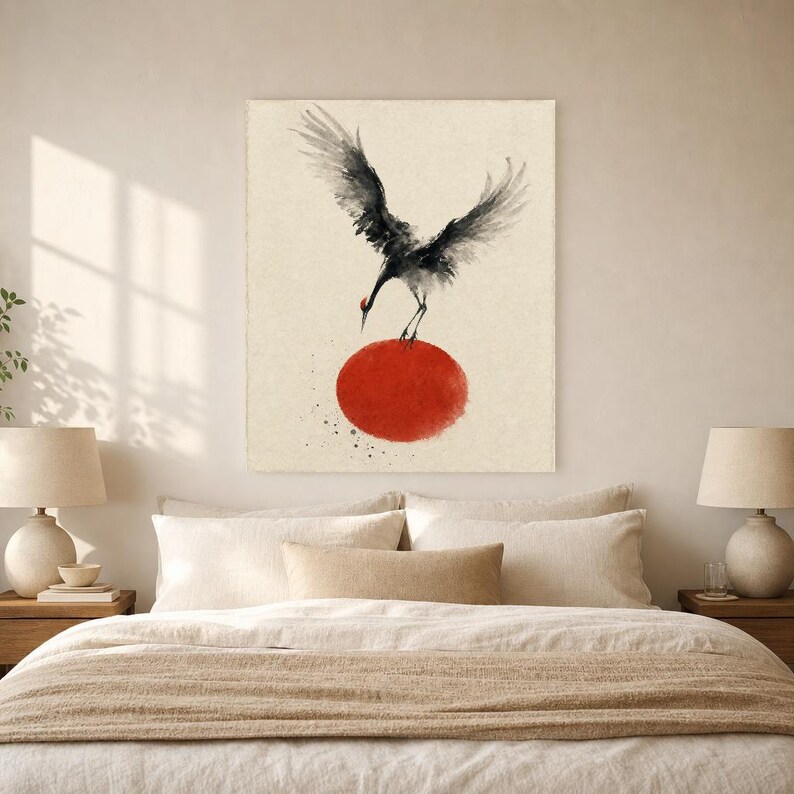 Impresión de grúa de sol rojo Arte de pared japonés | Pájaro de tinta descendente | Decoración del cartel Zen Wabi Sabi imagen 6