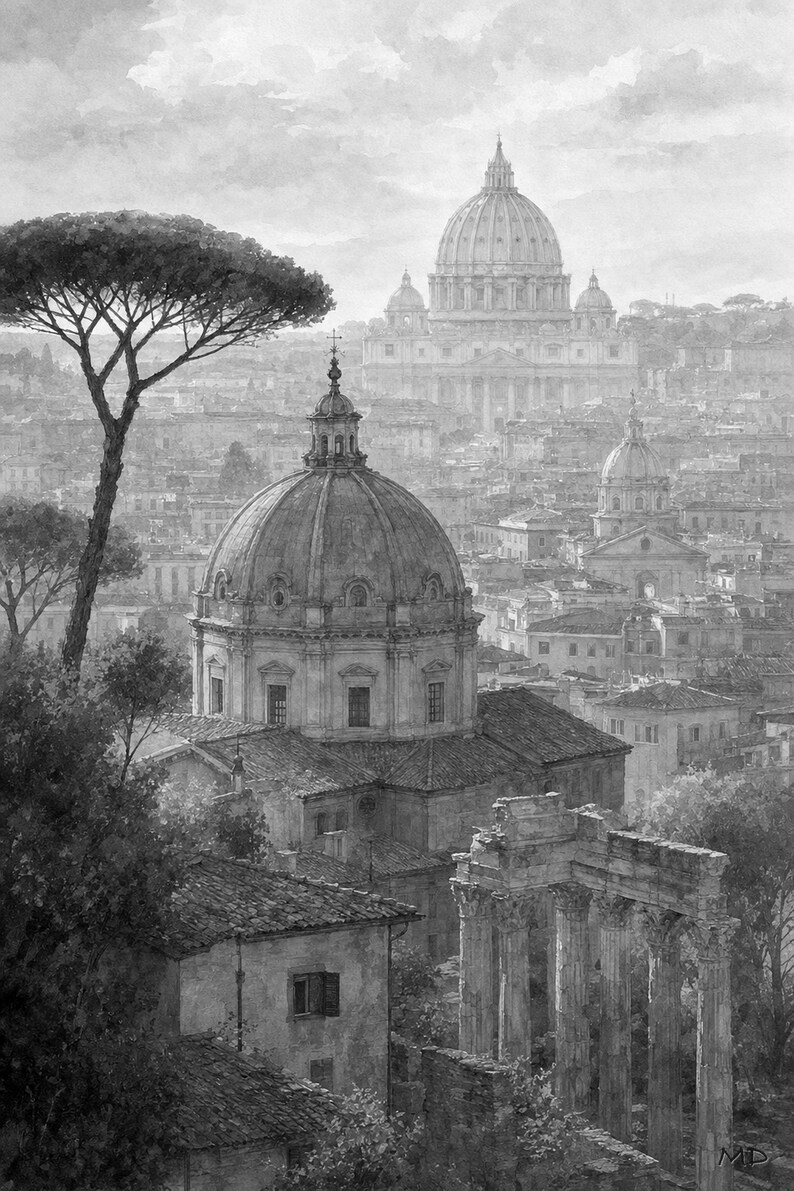 Rome Travel Poster | Soft Painting Italy Wall Art | Roman Rooftops Golden Hour Print | Printed & Shipped image 10