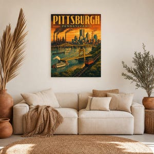 Pittsburgh Travel Poster | Vintage Three Rivers Bridges Print | Pennsylvania Wall Art Print | Mid Century City Decor image 6