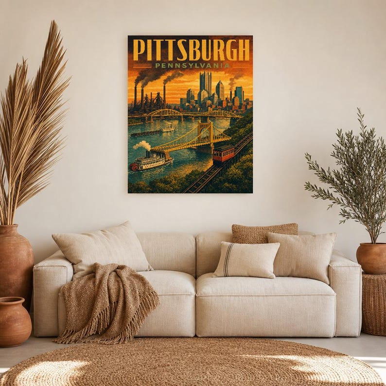 Pittsburgh Travel Poster | Vintage Three Rivers Bridges Print | Pennsylvania Wall Art Print | Mid Century City Decor image 6