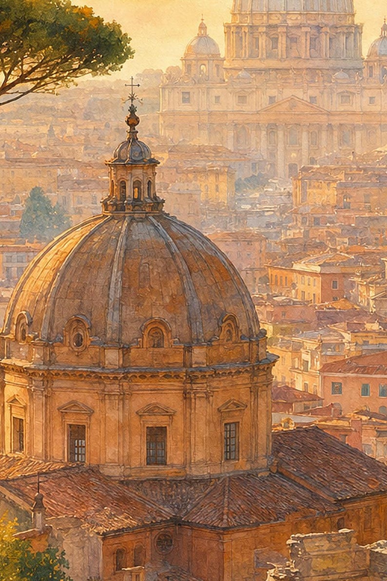 Rome Travel Poster | Soft Painting Italy Wall Art | Roman Rooftops Golden Hour Print | Printed & Shipped image 3