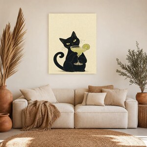Arte de pared Margarita de gato negro | Cartel de cóctel de lima | Impresión del carrito de la barra | Decoración divertida del bar Noir Cat imagen 7