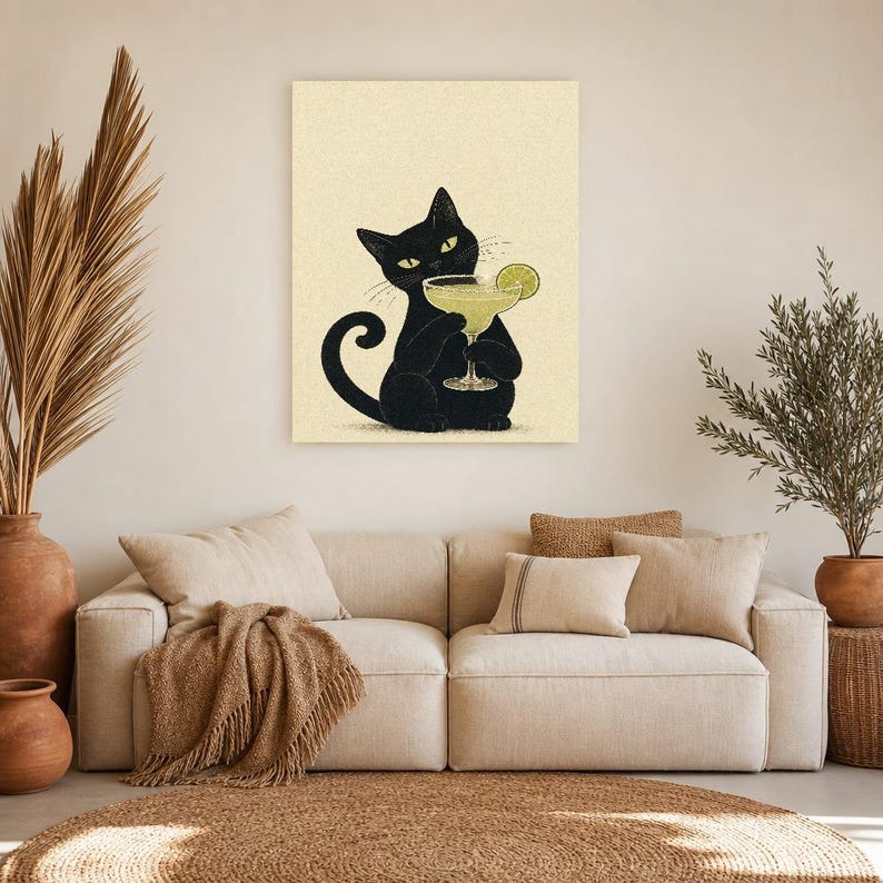 Arte de pared Margarita de gato negro | Cartel de cóctel de lima | Impresión del carrito de la barra | Decoración divertida del bar Noir Cat imagen 7