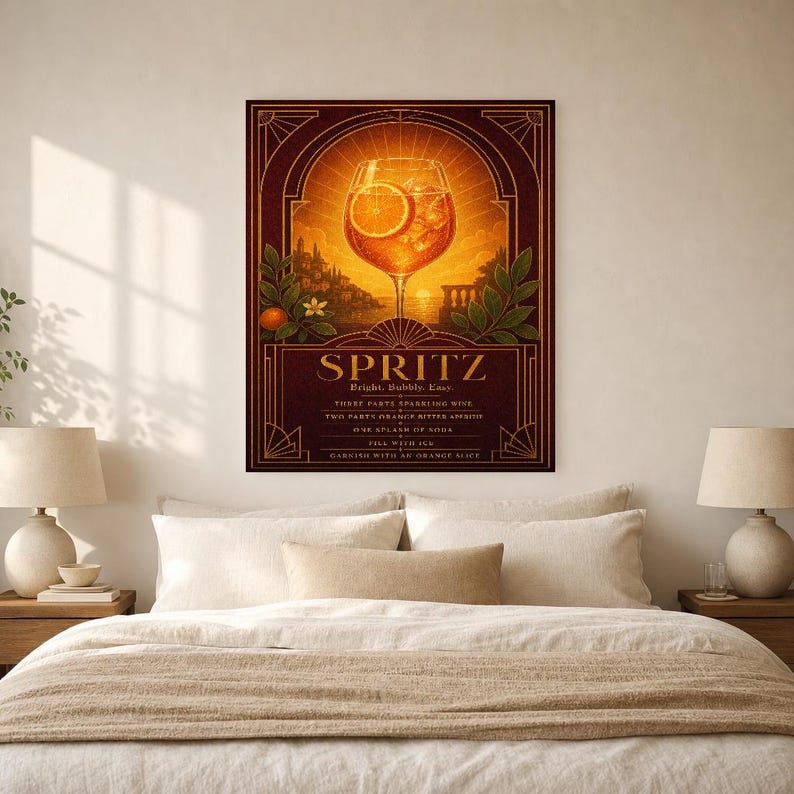 Pomarańczowy Art Deco Aperol Spritz Przepis na ścianę | Plakat z przepisem na złoty koktajl | Druk dekoracyjny wózka barowego | Aperitivo Ar zdjęcie 6