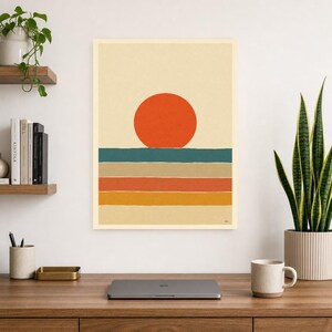 Vermillion Sun Aegean Sea Wall Art Print | Mid-Century Sun Poster | Cut-Paper Minimalist Print | Teal Cream Boho Decor image 8