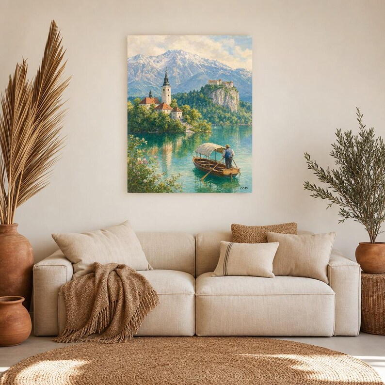 Lake Bled Travel Poster | Soft Painting Slovenia Wall Art | Alpine Island Church Print | Printed & Shipped image 7