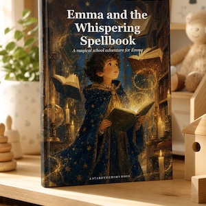 Peut inclure: Un livre à couverture rigide intitulé Emma and the Whispering Spellbook: A magical school adventure for Emma. La couverture montre un enfant vêtu d'une cape bleu foncé à motifs d'étoiles, tenant un livre ouvert et lumineux dans une bibliothèque.