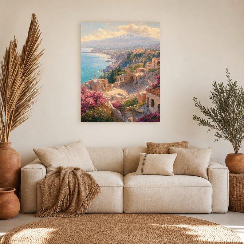 Taormina Travel Poster | Soft Painting Sicily Italy Wall Art | Coastal Etna View Print | Printed & Shipped image 7
