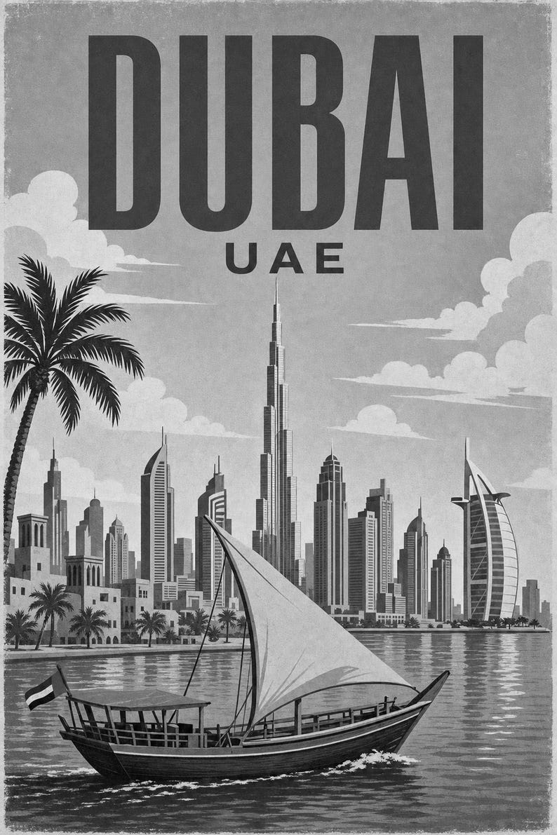 ドバイ旅行ポスター｜ヴィンテージ風スカイラインプリント｜UAEウォールアート｜印刷・発送 画像 10