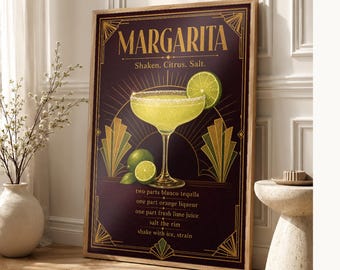 Arte de pared con receta de Margarita Art Déco dorado | Póster de receta de cóctel de lima | Impresión de decoración de carrito de bar | Art