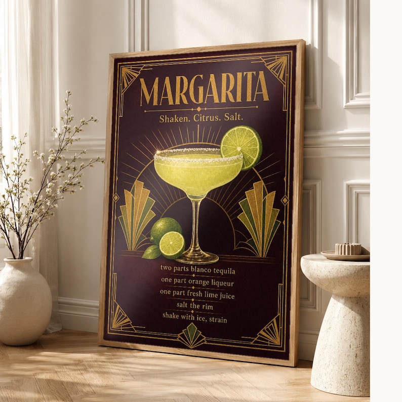 Arte de pared con receta de Margarita Art Déco dorado | Póster de receta de cóctel de lima | Impresión de decoración de carrito de bar | Art imagen 1