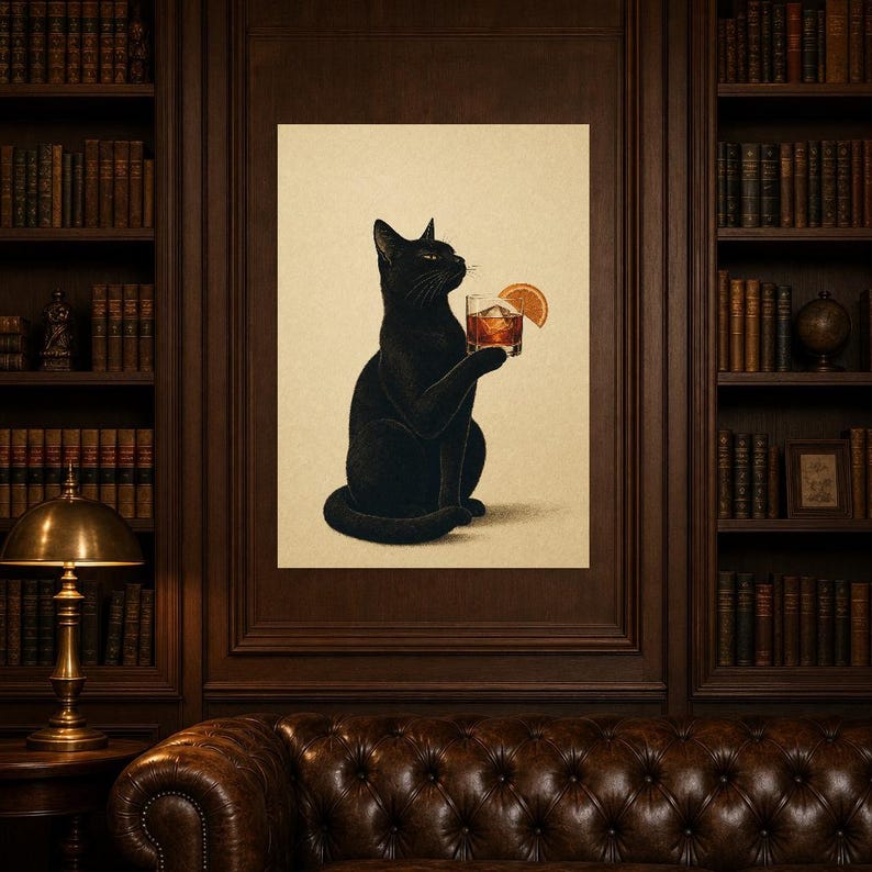 Black Cat Negroni Wall Art Print | Orange Slice Cocktail Poster | Bar Cart Print | Funny Black Cat Club Decor image 5