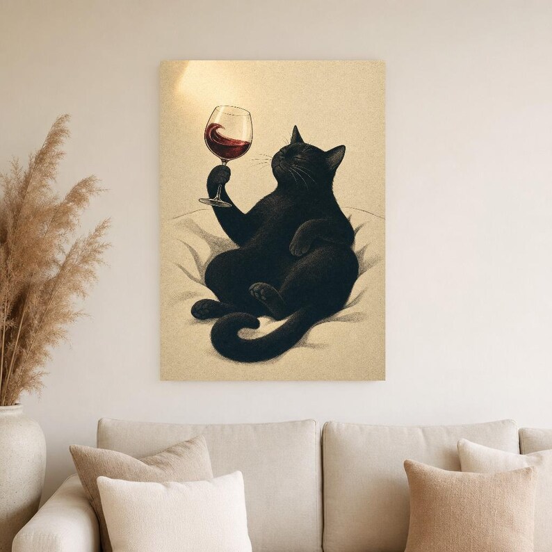 Schwarze Katze Wein Wandkunst | Rotweinglas Poster | Barwagen-Druck | Skurriles Noir Cat Club Küchendekor Bild 4