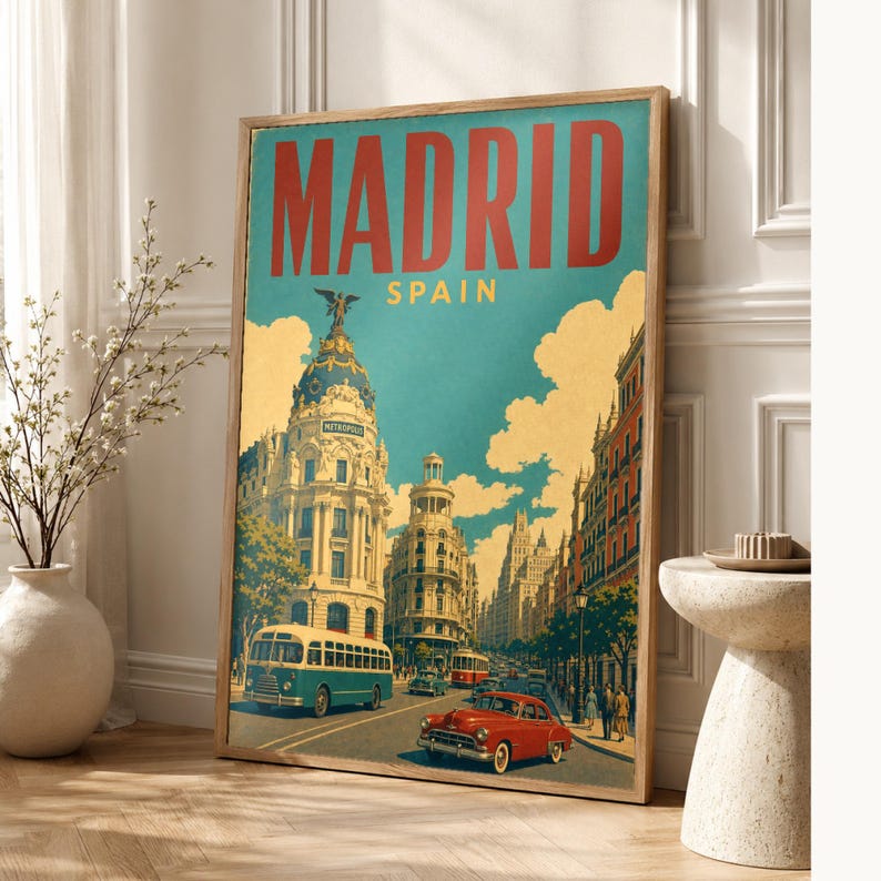 Póster de viaje de Madrid | Lámina vintage de la Gran Vía | Decoración de pared de España | Impreso y enviado imagen 1