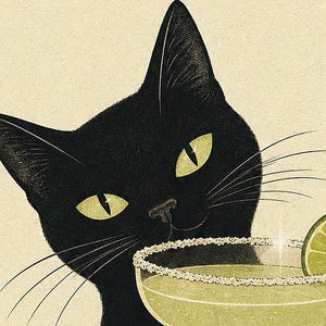 Arte de pared Margarita de gato negro | Cartel de cóctel de lima | Impresión del carrito de la barra | Decoración divertida del bar Noir Cat imagen 3