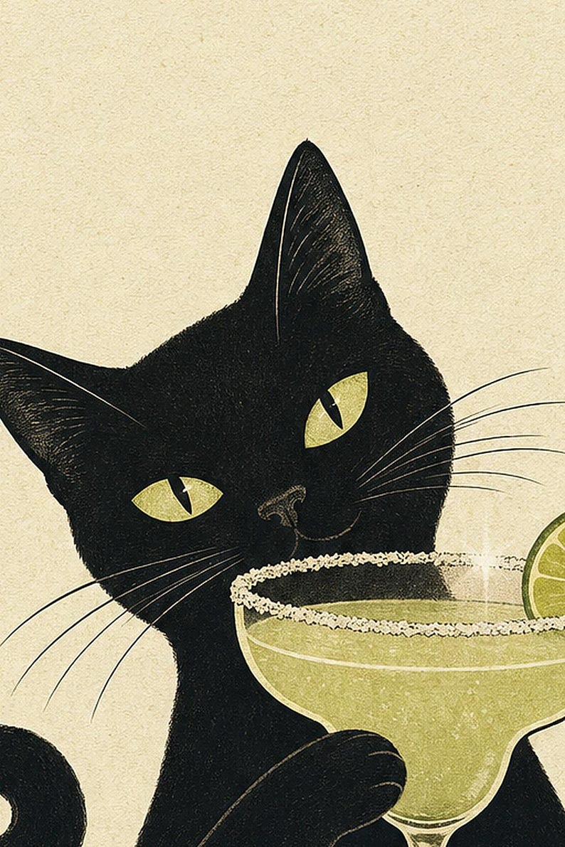 Arte de pared Margarita de gato negro | Cartel de cóctel de lima | Impresión del carrito de la barra | Decoración divertida del bar Noir Cat imagen 3